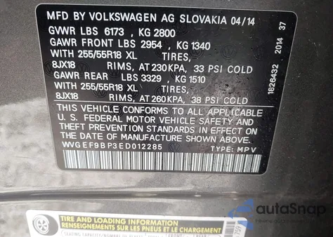 2014 Volkswagen Touareg 3.6L Sport z USA, uszkodzony, nr VIN WVGEF9BP3ED012285